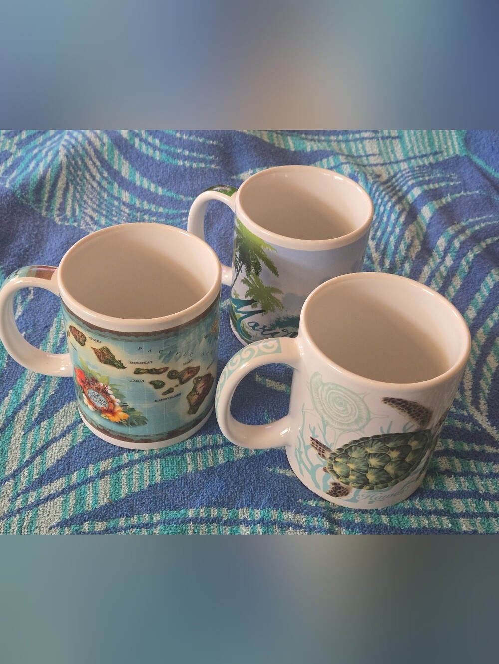 Three ABC Stores Vintage Map Hawaii, Honu Voyage And Island Waves Mugs